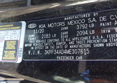 2021 Kia Forte Gt-Line z USA, uszkodzony, nr VIN 3KPF34AD4ME307615